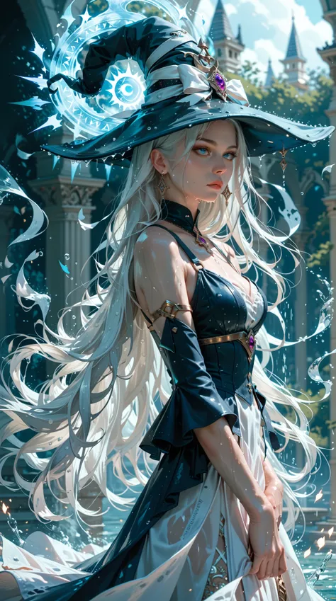  High quality image ， Spirit Witch ， are expressionless， White Hair ， Exquisite shoulder strap ， Floating skirt ， wet ribbon ，Pointed hat ，standing， Warrior like deity， Mystery，supernatural，Natural magic