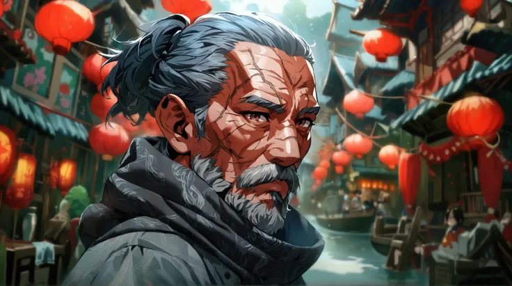 Old man, graying black hair in low ponytail, scars on the body, dark brown eyes, piercing and intimidating gaze, cut scars on the body and face, wearing a gray overcoat and standard jounin uniform underneath, konoha bandana on the boat, ninja village backg...