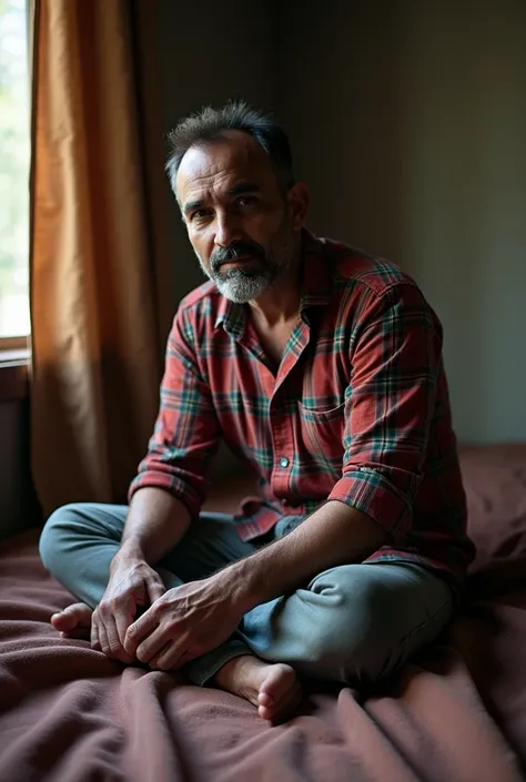 arafed man in a plaid shirt sitting on a bed, a picture by I Ketut Soki, tumblr, sumatraism, 4 0 years old man, 5 0 years old man, 38 years old, (38 years old), about 3 , 2 , jose miguel roman frances, 3 