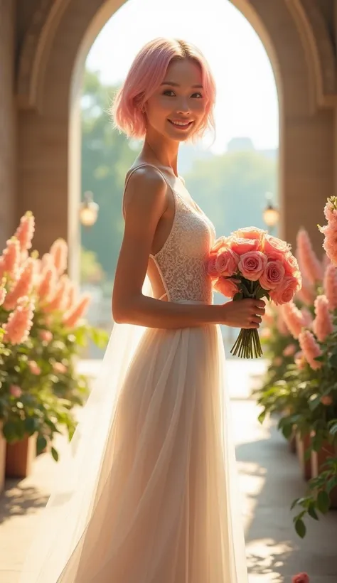 (((photorealism:1.2))), Professional photography, Professional wedding scene. A realistic photograph of a young woman standing alone as a radiant bride, wearing a delicate white thong dress with elegant detailing. She has soft pink, short hair framing her ...