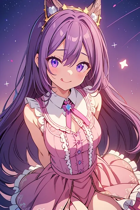 ((tongue sticking out)), Long Hair, (Stars in my eyes:1.3), ((beautiful detail eyes:1.4)),View your viewers, (Purple Hair: 1.2), Purple eyes,frills, pink shirt, smile, Sleeveless, shirt, Idol,isometric, From above, whole body,detailed, Written boundary dep...