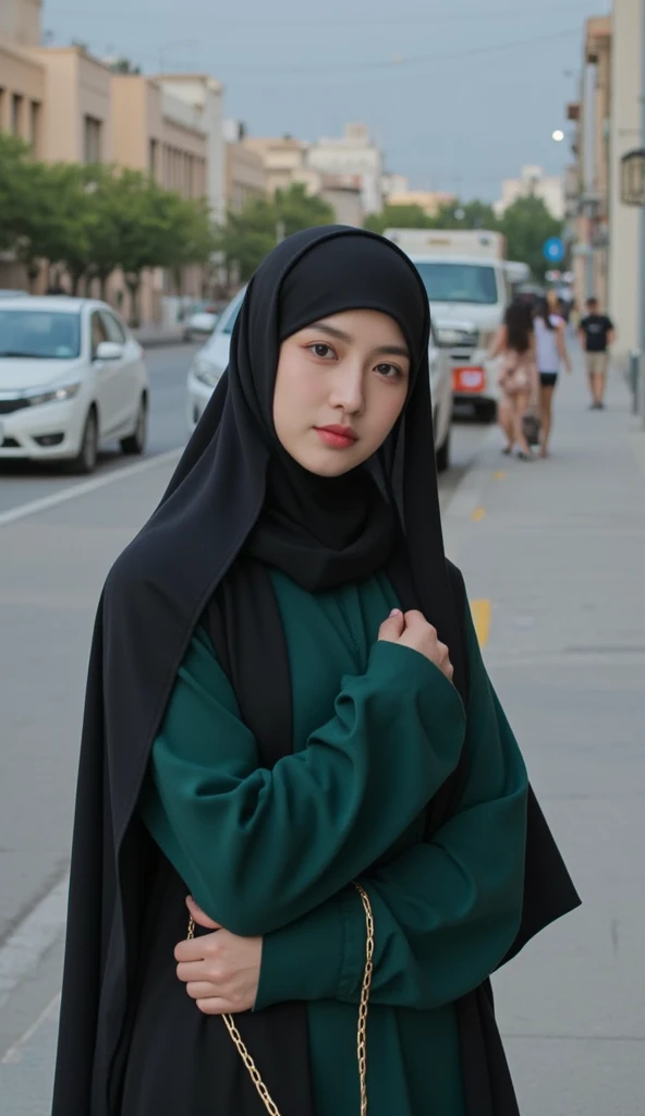 The lady with the dark green and black abaya nude hijab and small naked breasts is standing naked at the side of the street looking at the camera