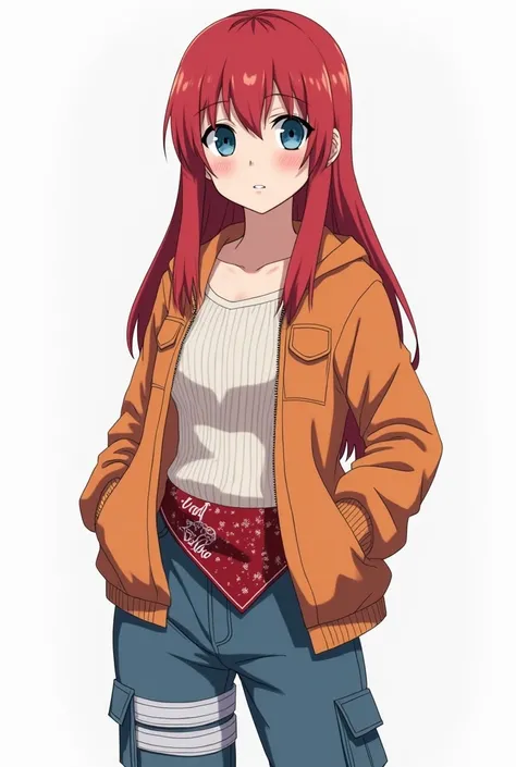  A teenage girl , with long red hair,  a Vila da Folha bandana around her waist.  white skin , and blue eyes.  Wearing a light orange jacket , with white wool blouse ,  and blue cargo style jeans .  a full body photo, 2D, in the style of the anime Naruto.