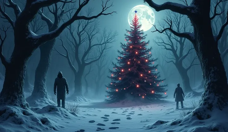  A haunted snow-covered forest ,  where trees appear twisted ,  with branches forming skeletal hands . in the center,  a dark Christmas pine tree with macabre ornaments , like eyes and bones hanging ,  and an ominous red light shining at the top .  The gro...