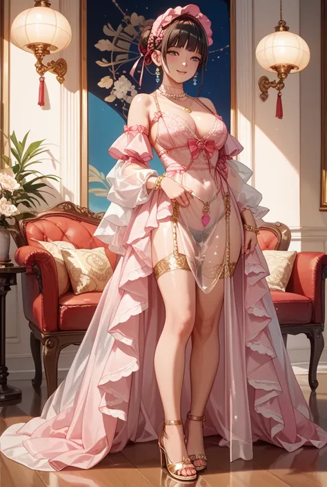  A classy mature young woman is wearing a pink Lolita outfit。 full body front view 、 asian、The skin is relatively white、Lavish clothing、Silky transparent lace on the clothes、Gold wire trim、Jewelry decoration、 and has a pearl necklace on her neck。