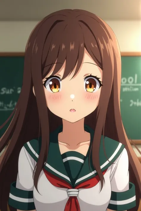  Screenshot of My hero Academia .
Girl with long brown and straight hair ,  her honey-colored eyes and has a neutral expression ,  she wears the UA uniform and in the background she has a UA school class
