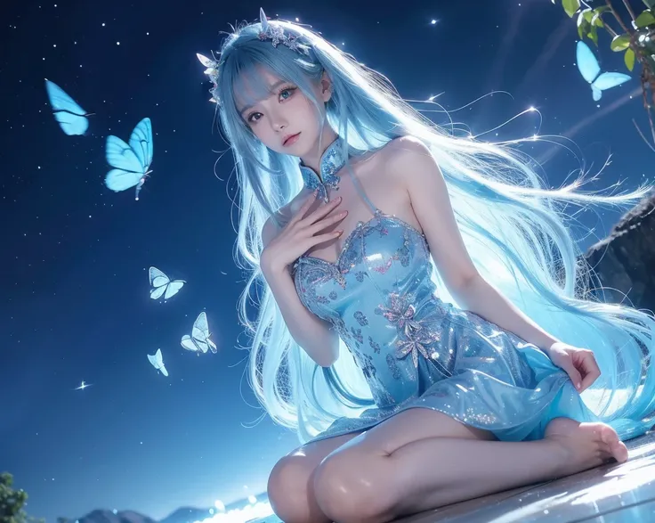 magical, lightblue hairs, teenager,blue eyes, anime, female, longhairs, tidy, fantacy,blue tone, glowing blue butterfly, beautiful, blur behide, nightglow, deity, night time, chinese dress, goddess, feel lonely, fantacy land, deity land, god land, angle, d...