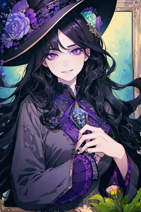 (High quality), (detailed face), beautiful face, (masterpiece), high resolution, HD, perfect anatomy, adult, lady, dress, witch, witch hat, dark navy long hair, ((very permed hair:1.5)), pale purple eyes, smile, flowers, frame, art, ((droopy eyes:1.3)), el...