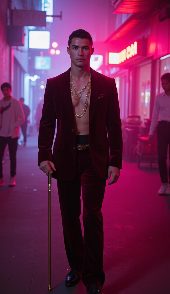 Create a cinematic and atmospheric portrayal of a man resembling cristiano ronaldo. walking confidently through a neon-lit urban alley at night. He is dressed in a luxurious velvet maroon suit with a deep V-neck shirt, adorned with layered gold chains and ...