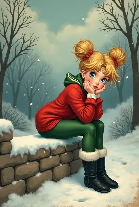 realistic sweet cute of a vintage festive holiday scene on Christmas paper, red and green tones. Soft cloudy sky with snow. A whimsical sassy Sailor Moon with messy blond hairbun, she is laying back supported by her elbows-arms resting on the stone ledge i...