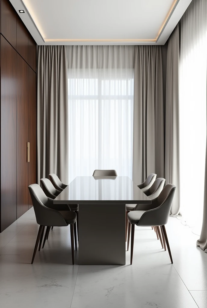 PROFESSIONAL ARCHITECTURAL 3D RENDERING OF THE INTERIOR DESIGN OF A VERY MODERN AND MINIMALIST AND STYLISH  Dining ROOM WITH MODERN AND STYLISH AND MINIMALIST FURNITURE IN GLOSSY GRAY AND MORE EXPENSIVE AND GLOSSY VELVET AND CURTAINS MADE OF WHITE SILK AND...