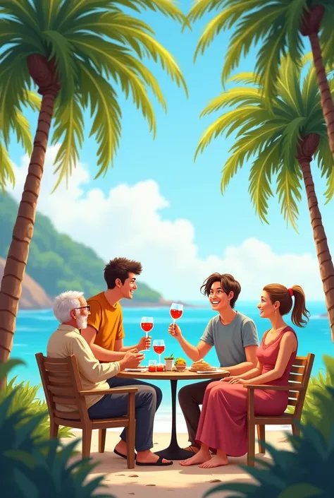 Family three generations grandpa and grandma father and mother a son a daughter happily satisfied by the sea under palm trees enjoying their independence with wine glasses
