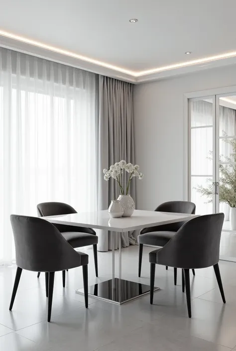 PROFESSIONAL ARCHITECTURAL 3D RENDERING OF THE INTERIOR DESIGN OF A VERY MODERN AND MINIMALIST AND STYLISH  Dining ROOM WITH MODERN AND STYLISH AND MINIMALIST FURNITURE IN GLOSSY GRAY AND MORE EXPENSIVE AND GLOSSY VELVET AND CURTAINS MADE OF WHITE SILK AND...