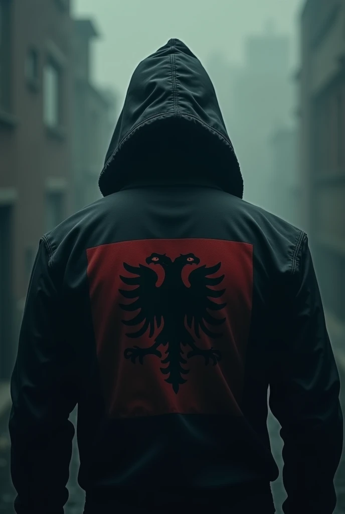 Man from behind with a hoodie with an Albanian flag 