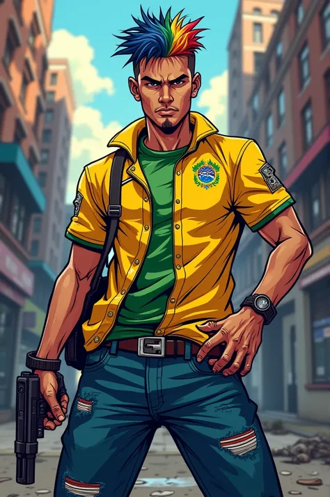 create a character, short gradient hair, Looking like a thug wearing a Brazilian jersey holding a gun in his hand GTA style cartoon