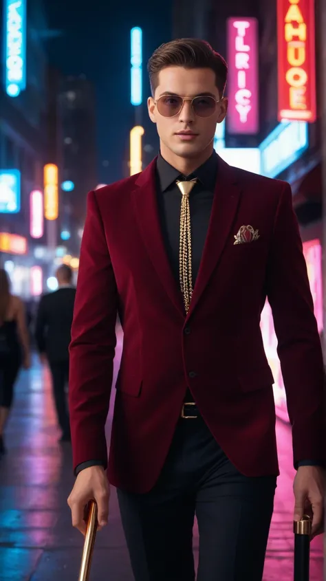 Create a cinematic and atmospheric portrayal of a man resembling cristiano ronaldo. walking confidently through a neon-lit urban alley at night. He is dressed in a luxurious velvet maroon suit with a deep V-neck shirt, adorned with layered gold chains and ...