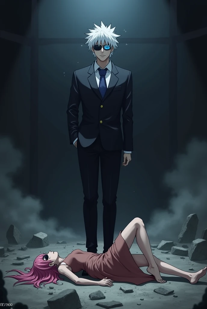 An intense and dramatic scene showing Gojo Satoru standing victorious after a fierce battle, with Sakura Haruno lying defeated at his feet. Gojo, dressed in his signature black suit, stands tall and confident, one of his legs casually placed on top of Saku...