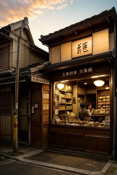 unmanned、 a good old Japanese dagashi store in the Showa era。The inside of the store is illuminated by the sunset 