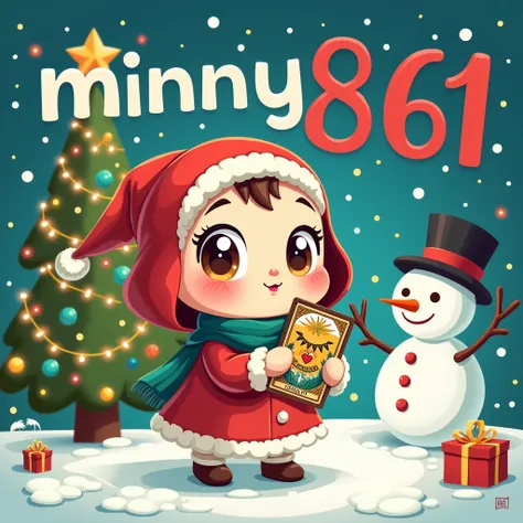 Put the big word “minny 861” in the picture, make a cute cartoon, hold a tarot card, put on a Christmas veil, have a Christmas tree, have a snowman, graphic lines.