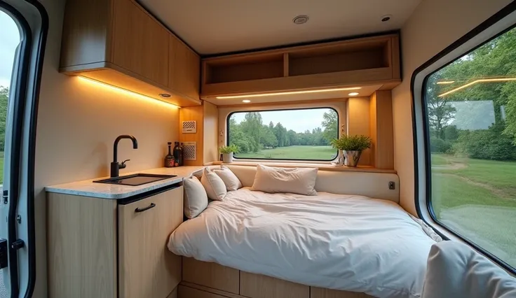 "The interior of a modern Toyota motorhome with a unique space-saving design. A low-profile bed sits beneath a compact, elevated kitchen area. The bed is cozy and inviting, featuring soft neutral-colored bedding and ambient under-bed lighting. Above the be...