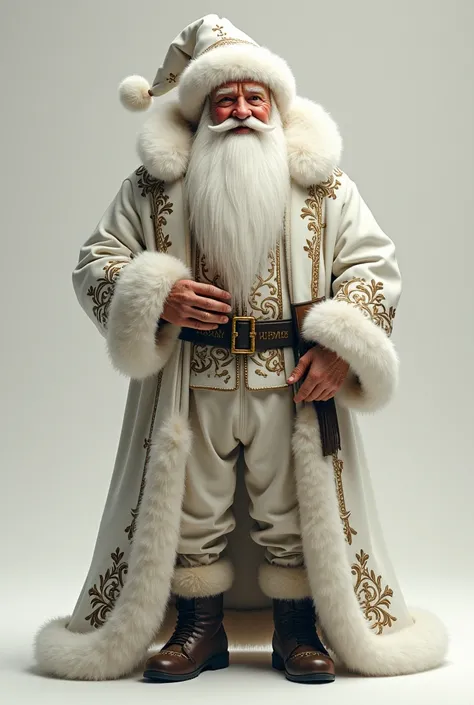 Fantasy germanic santa claus neutral background wearing fully white Christmas costume and having writing merry Christmas 