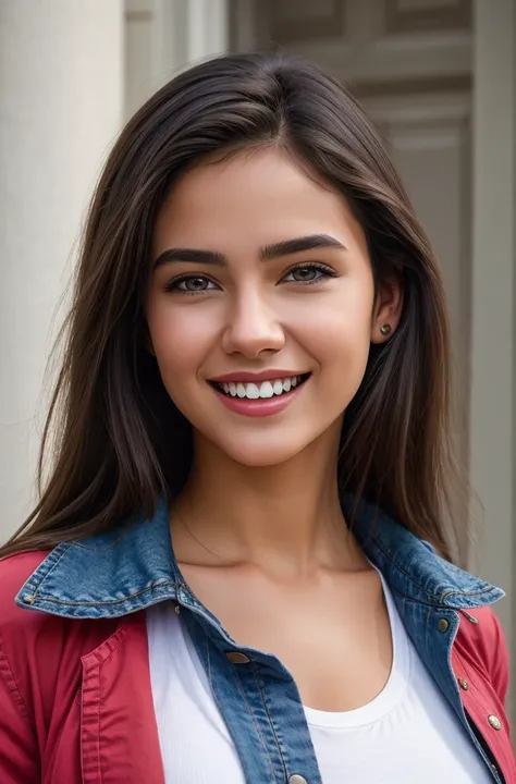 photograph of jg-jc0n, an effortlessly beautiful girl next door wearing a plain tshirt and jacket, (happy excited smile), jeans, photoreal, hyperrealism, best quality, (natural skin texture, highly detailed face), masterpiece, sharp focus, absurdres, by ar...