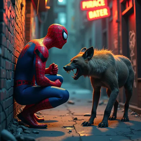 "A tense and dynamic scene showing Spider-Man and a snarling hyena facing off in an urban alleyway lit by flickering neon signs and the dim glow of a streetlamp. Spider-Man, in his iconic red-and-blue suit with intricate webbing details, crouches in a defe...