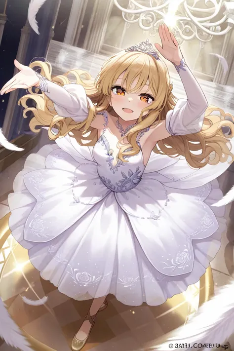 Long Blonde wavy hair golden eyes ballerina woman dancing in a magic land using magic wearing a white delicate dress and golden slippers 