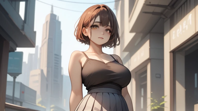 best quality, masterpiece, chestiness, belly fat, milf, auburn eyes, short hair, black hair, eye-hiding coif hair, tight-fitting dark brown camisole, yellow outer layer made of thin fabric, brown neck warmer, light gray pleated skirt, mini skirt, bare shou...