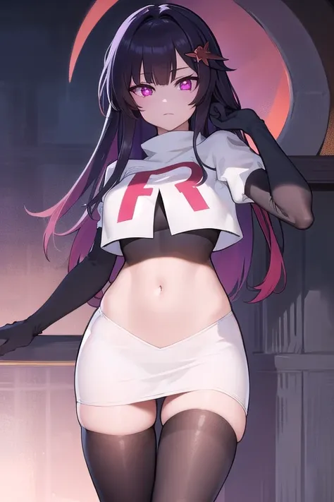 honkaisparkle, black hair, colored inner hair, glasses, hair intakes, hair ornament, hairclip, long hair, multicolored hair, (pink eyes:1.3), purple hair, straight hair, 
BREAK team rocket,team rocket uniform,white skirt,red letter R,crop top,black thigh-h...