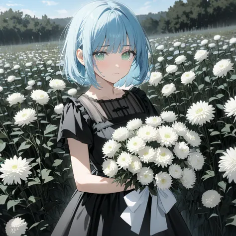 Highest quality、Light blue hair、Short Bob、Deep green eyes,20 years old,woman,small breast,black mourning dress 、 black pantyhose with open hem 、 black pumps、Standing holding a bouquet of white chrysanthemums、A slightly sad look、tears、blue sky、field