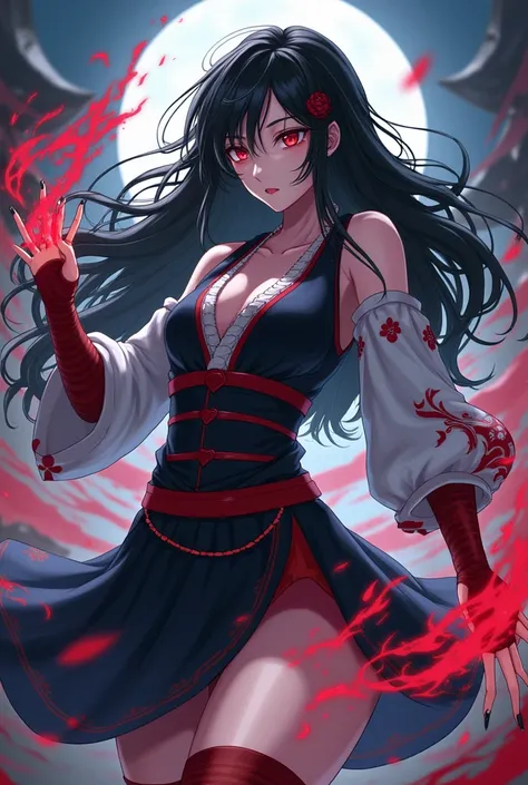  Please make me a female character kimetsu no yaiba features long black hair, ruby colored eyes and a hashira moon breathing and giving her backround 