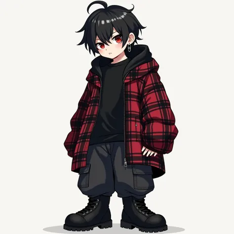 Boy, black hair, bangs and a few strands of white, the lower part is loose and hung from his shoulders to his chest, blood-red eyes, chain earrings in his ears, black cargo pants with pockets, black oversize T-shirt, black red plaid hoodie with a zipper is...