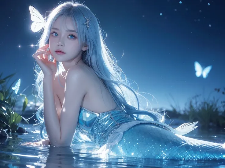 mermaid, magical, lightblue hairs, teenager,blue eyes, anime, female, longhairs, tidy, fantacy,blue tone, glowing blue butterfly, beautiful, blur behide, nightglow, deity, night time, goddess, feel lonely, fantacy land, deity land, god land, angle, dream, ...