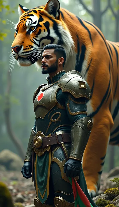 A mighty warrior stands tall, holding the flag of Bangladesh in one hand, with a massive, regal Royal Bengal tiger towering behind them. The tiger, with golden fur and glowing eyes, symbolizes strength and courage, its immense size creating a commanding pr...