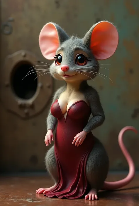 A photorealistic anthropomorphic female mouse wearing a sexy dress with cleavage. Busty. Near a mouse hole in the wall. Covered in fur. Furry