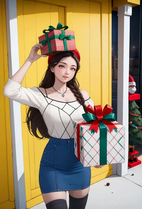 pretty young woman, standing posed, holding a big present box, in front of cafe, christmas background, BREAK, {+forehead, black long hair, braids, black beret, sunglasses on head}, BREAK, wearing santa shirt (+ boat neck shirt), dark denim pencil skirt, na...