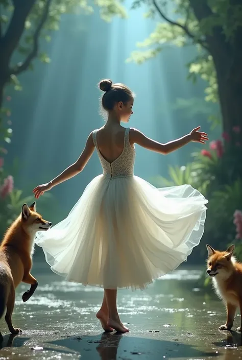 These prompts should help in creating video descriptions that describe each dance performance with the animals, and the transformation of the girls gown in each scene.