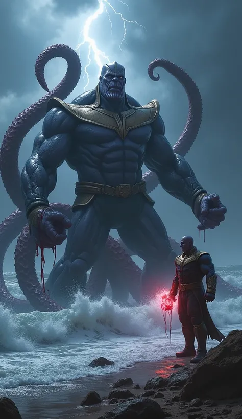 "The Kraken’s enormous body lies tangled in its own tentacles, bleeding into the ocean. Thanos stands at the shore, his Gauntlet glowing brighter than the lightning in the sky."
