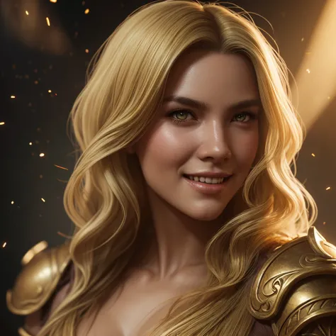 close-up head, facing camera, realistic digital painting portrait of a female human, 3r1nm0r1art72, cute smile, (wavy hair:1.1), (blonde hair:1.3), magical yellow universe, white magic cloth armour with yellow engrave in intricate details, (abstract, backg...