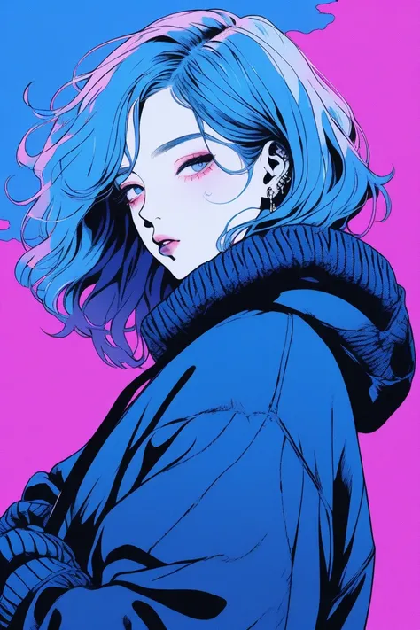 (best quality, sketch:1.2),realistic,illustrator,anime,1 girl, detailed lips,sweater,custom,blue gradient background,neon hair,textured cropping,Canadian, masterpiece, style retro classic, noir dark smoking cigarettes. Theres smoke in the air.