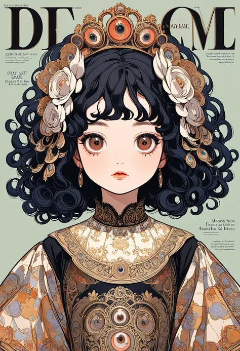 1 dolly girl, solo, little fat, brown eyes, forehead, black messy curly bob hair, drooping eyes, very cute, close mouth, elegant pose, palace, luxury, majesty, patterned t-shirt, magazine cover, english text, Egon Schiele: Expressionism style, Gustav Klimt...