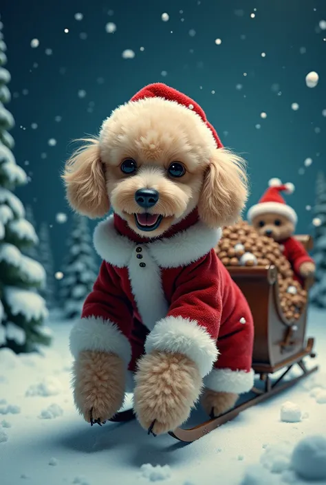 Poop is dragging the sleigh that Poodle Santa is riding