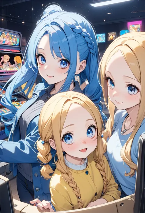 Shown side by side, (2 girls are beautiful and charming body style), ((Each girl has a unique appearance)). BREAK. (a First girl is ultra cute, cute smile, vivid blue hair, forehead long hair, cute blue eyes, small tits), in a casual blue Jacket, denim jea...