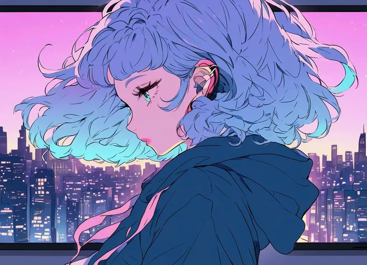  hand-drawn illustration style ,profile.  upper body shot.  hoodie.Neon Hair, listening to music with headphones, Her eyelashes are thick and long , she is on the left side of the screen 、 The right side of the screen is the evening sky 、The sky that chang...