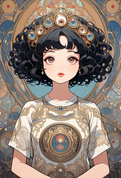 1 dolly girl, solo, little fat, brown eyes, forehead, black messy curly bob hair, drooping eyes, very cute, close mouth, elegant pose, palace, luxury, majesty, patterned t-shirt, legs, magazine cover, english text, EAlphonse Mucha: art-nouveau style, Gusta...