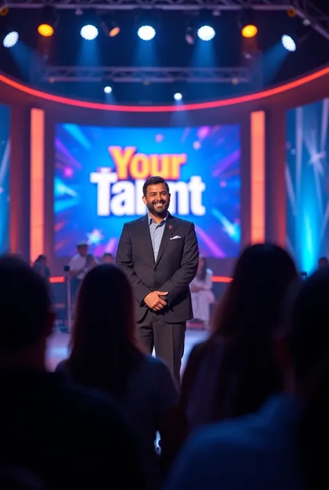 Picture 1: The TV Stage
Description: A brightly lit TV stage with a large, colorful backdrop that says “Your Talent.” In the center, there is a host standing behind a microphone, smiling and introducing the show. The audience can be seen in the background,...