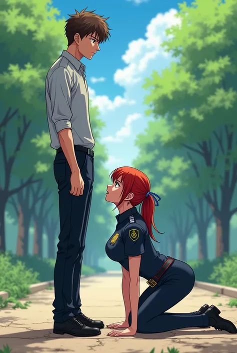 Tall and thin man,Standing, satisfied , young,  short brown hair ,  looking down at a redhead on all fours on the floor crawling with hands and knees on the floor leaning forward crawling forward to him big breasts fitness female cop anime , in love, furio...