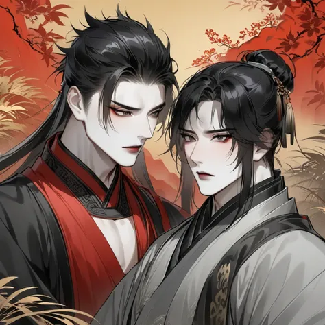 Chinese prince and Chinese bandit, young guys, bandit - young guy, dressed in red and black hanfu, swordsman. He has wheat-colored skin, black hair and brown eyes. Prince - young guy, pale skin, black hair, gray eyes. Prince is dressed in gray and black ha...