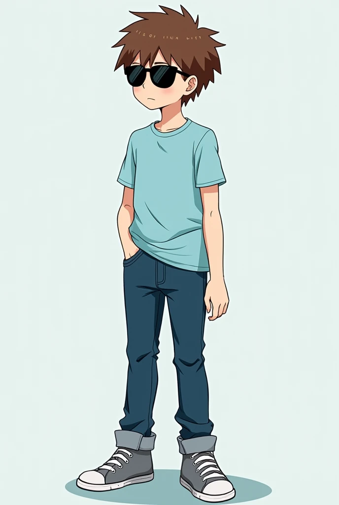 Create a cover photo with an image of an anime-type boy with brown hair, wearing a light blue t-shirt, wearing indigo pants, wearing black sunglasses, wearing gray sneakers and with a text that says LASOWTF